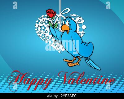 Uccello blu che tiene una rosa rossa nel becco. L'uccello è su sfondo blu con le parole Happy Valentine scritte in rosso Illustrazione Vettoriale