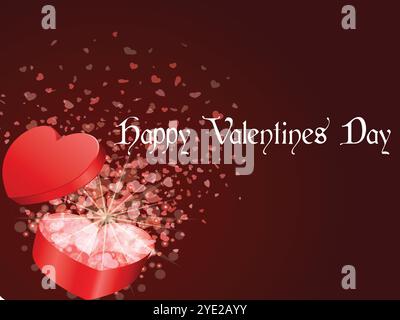 Cuore rosso con una scatola dentro. La scatola è aperta e ci sono molti piccoli cuori rossi sparsi intorno ad essa. Le parole "buon San Valentino" sono scritte Illustrazione Vettoriale