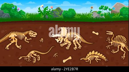 Archeologia e paleontologia fossili di dinosauri negli strati del suolo. Vista in sezione trasversale del suolo dei cartoni animati con scavi di ossa e scheletri di antiche specie di dinosauri. Studi di reliquie di animali preistorici Illustrazione Vettoriale