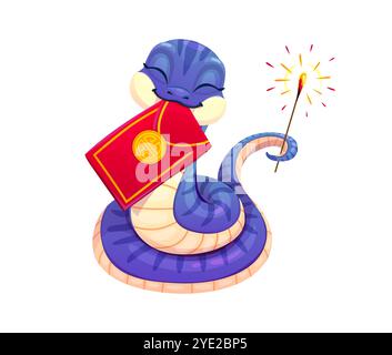 Serpente blu cartone animato che celebra il Capodanno lunare cinese 2025 con busta rossa in bocca e scintillio in fiamme. Un grazioso serpente rettile isolato che incarna lo spirito festivo delle vacanze asiatiche Illustrazione Vettoriale