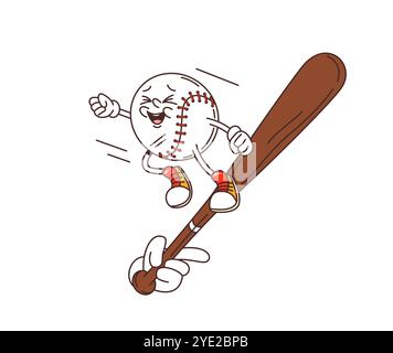 Personaggio e pipipistrello della palla da baseball retrò Cartoon, divertente emoji sportiva vettoriale. Palla da baseball da cartoni animati retrò con il volto felice sulla mazza con la mano del giocatore, personaggio dei cartoni animati del club sportivo Illustrazione Vettoriale