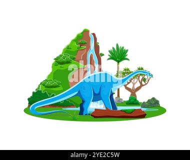 Haplocanthosaurus personaggio di dinosauro preistorico. Vettore di cartoni animati isolato grande animale dino rettile erbivoro antico in oasi naturale con cascata e piante verdi. Lucertola del tardo Cretaceo Illustrazione Vettoriale