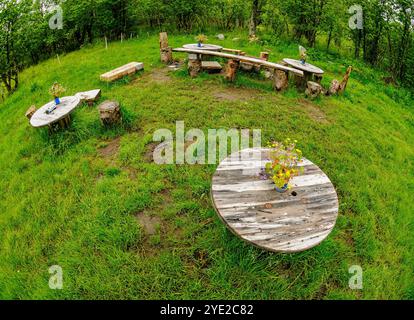 In un ambiente verde sereno, tavoli e panchine in legno rustici invitano al relax e alla conversazione, adornati da colorate composizioni floreali. Foto Stock