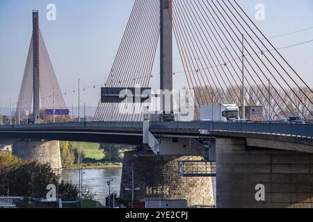 Friedrich Ebert Bridge sul Reno vicino a Bonn, noto anche come North Bridge, ponte autostradale sulla A565, ponte strallato, North Rhine-Westpha Foto Stock