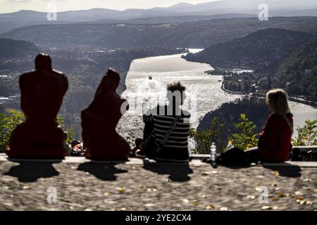 Vista dall'altopiano di Drachenfels, sul Reno a sud, turisti, il Drachenfels è una montagna nel Siebengebirge sul Reno tra Bad ho Foto Stock