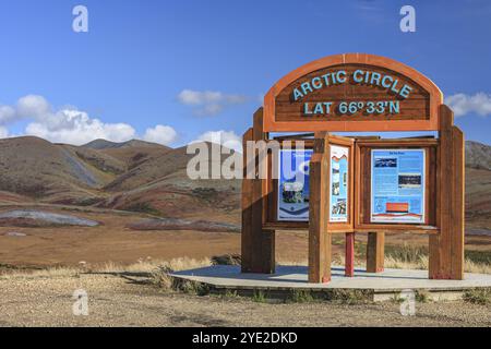 Cartello, bacheca informativa, Circolo Polare Artico, autunno, sole, Dempster Highway, Yukon, Canada, Nord America Foto Stock