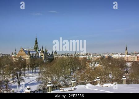 Vista di Stoccolma con il Museo nordico in inverno, Svezia, Europa Foto Stock