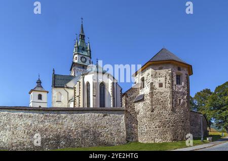 Vista della chiesa di Santa Caterina e del castello a Cremnica, Slovacchia, Europa Foto Stock