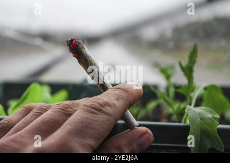 Messa a fuoco selettiva primo piano prospettiva in prima persona della mano di un uomo che tiene un'articolazione di marijuana illuminata. Sigaretta di cannabis fumata all'aperto copia spazio su Foto Stock