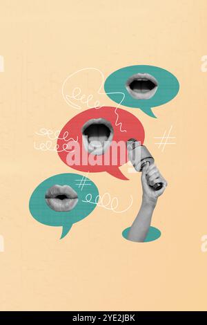 Grafica di tendenza composita immagine schizzo collage fotografico di microfono a mano nuvola parlare parlare parlare trasmissione bocca bocca bocca bocca dire voci. Foto Stock