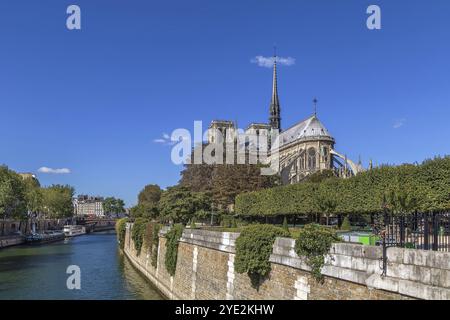 Notre-Dame de Paris è una cattedrale cattolica medievale di Parigi, in Francia. Vista del coro della cattedrale dal ponte della Senna Foto Stock
