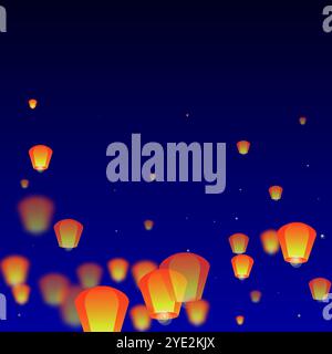 Biglietto per il festival di Yi peng. Vacanze in Thailandia con lanterne di carta che volano nel cielo notturno. Tradizionale celebrazione di Yi Peng. Illustrazione vettoriale su dar Illustrazione Vettoriale