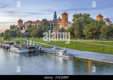 Vista del castello di Wawel dal fiume Vistola a Cracovia, Polonia, Europa Foto Stock