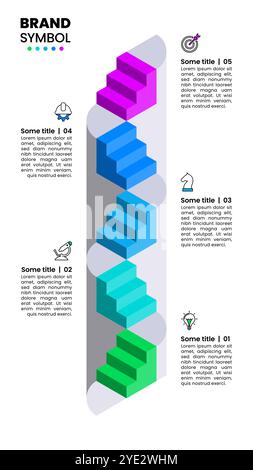 Modello infografico con icone e 5 opzioni o passaggi. Scala isometrica. Può essere utilizzato per layout del flusso di lavoro, diagrammi, banner, webdesign. Illus vettoriale Illustrazione Vettoriale