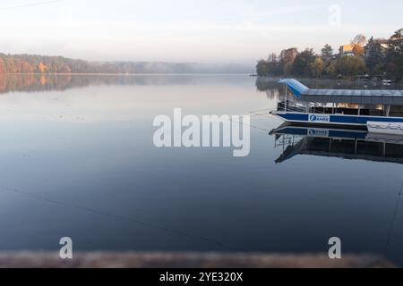 Lo Straussee si avvolse nella nebbia mattutina, con un traghetto attraccato sulle sue acque calme, che riflette il tranquillo paesaggio autunnale. Foto Stock