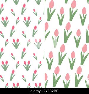 Tulipani stilizzati motivo senza cuciture in rosa tenue. Set di 2 texture per sfondo o sfondo primaverile. Wrapping di illustrazioni vettoriali isolate, sfondo o Web, banner, messaggi di saluto o sfondo di invito Illustrazione Vettoriale