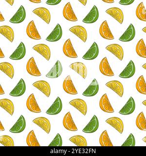 Fetta di limone, lime e arancio senza cuciture in giallo, verde e arancione alla moda con tratto nero. Sfondo per illustrazioni vettoriali isolate, promozione su carta da imballaggio o Web, biglietti d'auguri, poster, copertina per striscioni Illustrazione Vettoriale