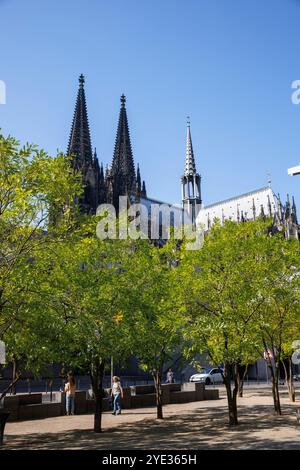 Vista dalla piazza Kurt-Hackenberg alla cattedrale di Colonia, Germania. Blick vom Kurt-Hackenberg-Platz zum Dom, Koeln, Deutschland. Foto Stock