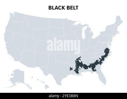 Cintura nera nel Sud degli Stati Uniti, mappa politica. Area così chiamata a causa dell'alta percentuale di afroamericani. Foto Stock