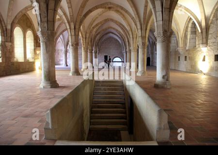 Monastero di Alcobaca, all'interno della sala a volta del dormitorio monastico, Alcobaca, Portogallo Foto Stock