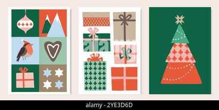 Buon Natale felice anno nuovo. Serie di illustrazioni vettoriali. Sfondo invernale, biglietto d'auguri, invito alla festa. Set di poster dal design piatto retrò con Illustrazione Vettoriale