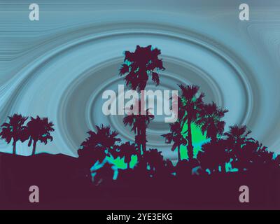 Immagine di sfondo creativa astratta, poster con sagome di palme contro il cielo turbolento. Resort tropicale. Vacanze estive. Palma di notte. Foto Stock