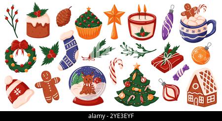 Set natalizio con elementi natalizi come l'uomo di pan di zenzero, la casa, l'albero, l'ornamento, la candela, ghirlande e regali. Ideale per vacanze a tema Illustrazione Vettoriale