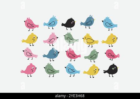 Cartoon cute Birds imposta l'illustrazione vettoriale su uno sfondo bianco, facilmente modificabile Illustrazione Vettoriale