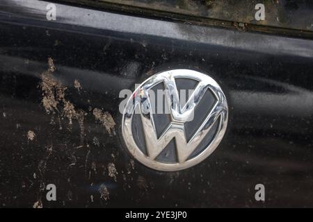 VW in der Krise. Ein Volkswagen Logo auf einem verdrecktem VW Fahrzeug bei einer Autoverwertung, Schrottplatz a Wilnsdorf. Volkswagen AM 29.10.2024 a Wilnsdorf/Deutschland. *** VW in crisi Un logo Volkswagen su un veicolo VW sporco in un riciclaggio di auto, deposito rottami a Wilnsdorf Volkswagen su 29 10 2024 a Wilnsdorf Germania Foto Stock