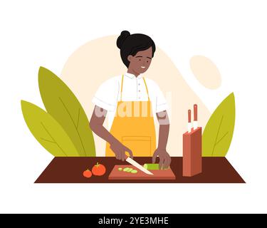 Donna in uniforme da chef e grembiule che taglia verdure a bordo con illustrazione vettoriale coltello da cucina Illustrazione Vettoriale