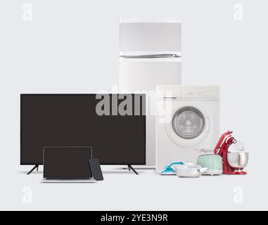 Acquisto di prodotti elettronici e di elettrodomestici. Gruppo di elettrodomestici e dispositivi elettronici per la casa e la cucina. Le migliori offerte e vendite in superm Foto Stock