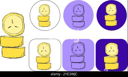 Logo grafico a fette di banana fresco e gustoso in stile cartoni animati. Illustrazione vettoriale di pezzi dolci pelati di banana di diverse dimensioni isolati su Illustrazione Vettoriale