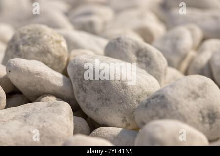 Primo piano di ciottoli di marmo bianco in un letto. Foto di alta qualità Foto Stock