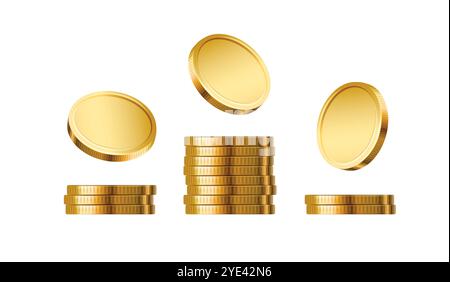 Pile di monete d'oro. Un mucchio di soldi. Concetto di finanza, investimento e risparmio. Elementi di gioco. Mucchio di soldi d'oro. Pile di tesori. Illustrazione Vettoriale