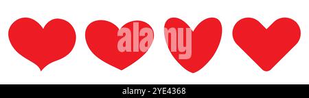 Una serie di cuori di carta rossa su sfondo bianco. Una collezione di quattro adesivi cartoni animati. Icone per San Valentino. Illustrazione Vettoriale