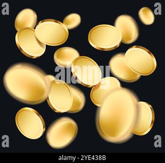 Monete d'oro realistiche che cadono o volano. Ricchi e soldi. Illustrazione Vettoriale
