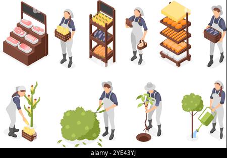 Mercato agricolo isometrico. Prodotti agricoli freschi su bancarelle, prodotti da forno a base di carne e verdura. Gli agricoltori piantano, annaffiano e raccolgono il raccolto, vettore perfetto Illustrazione Vettoriale