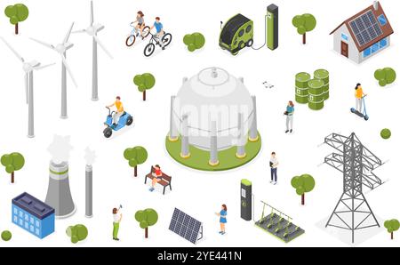 Concetto isometrico di energia alternativa. Persone con mezzi di trasporto puliti, biciclette e scooter. Pannelli solari, stazione elettrica intelligente, vettore impeccabile Illustrazione Vettoriale