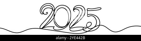 Elegante disegno a una riga dell'anno 2025, perfetto per biglietti di auguri di Capodanno o intestazioni di siti Web Illustrazione Vettoriale