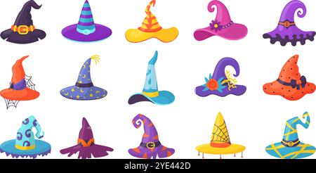 Cappelli delle streghe di halloween dei cartoni animati. Cappello da mago isolato, accessori per la testa Magic World con zucche e ragni decorati. Vettore neoterico del festival autunnale Illustrazione Vettoriale