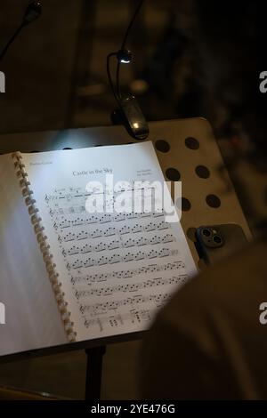 Fogli musicali. Melodie scritte con diversi simboli musicali come sfondo, primo piano Foto Stock