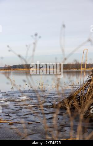 Acqua di lago fangosa in inverno senza neve, lago ghiacciato con onde all'esterno alla fine dell'inverno in Europa Foto Stock