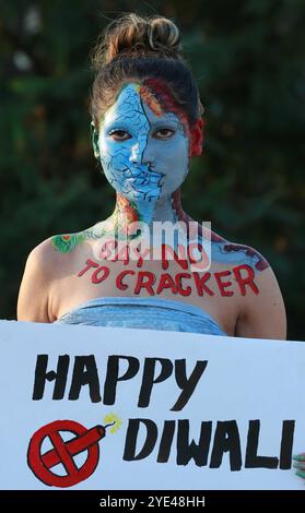 Belle arti indiane gli studenti mettono in posa con messaggi di sensibilizzazione avidi dei cracker dipinti sul loro corpo durante una campagna di sensibilizzazione sul festival Diwali a Jabalpur. Foto Stock