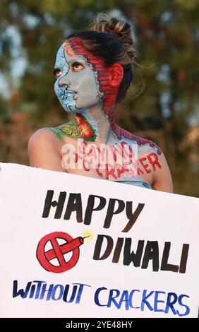 Belle arti indiane gli studenti mettono in posa con messaggi di sensibilizzazione avidi dei cracker dipinti sul loro corpo durante una campagna di sensibilizzazione sul festival Diwali a Jabalpur. Foto Stock