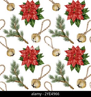 Campana natalizia, punta di punta e ramo di abete Acquerello senza cuciture su bianco. Illustrazione disegnata a mano per i progetti di Capodanno e delle vacanze invernali in stile realistico. Foto Stock
