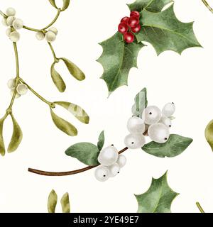 Camicia natalizia, neve e acquerello holly senza cuciture su bianco. Illustrazione disegnata a mano per i progetti di Capodanno e delle vacanze invernali in stile realistico. Foto Stock