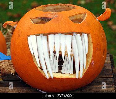 Glasgow, Scozia, Regno Unito. 29 ottobre 2024. Halloween ritorna come "Glasglow" nel parco botanico nella frondosa estremità occidentale soffre di clown inquietanti, cimitero di skelton e una zona di zucca scolpita. Credit Gerard Ferry/Alamy Live News Foto Stock