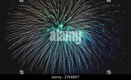 Primo piano di fuochi d'artificio blu e verde scoppiano di notte, illuminando il cielo scuro con sentieri e scintille vivaci, festeggiamenti per il nuovo anno Foto Stock