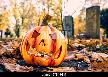 Baviera, Germania - 29 ottobre 2024: Una zucca di Halloween in un cimitero. Immagine simbolica di tutte le sere dei doni del 31 ottobre *** Ein Halloween-Kürbis auf einem Friedhof. Symbolbild All Hallows sera, 31 ottobre Foto Stock