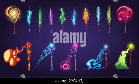 Staffs and wands light effects. Magic sticks attacks with glowing splashes. Fairy tale game tools for magicians or witch, nowaday vector clipart Illustrazione Vettoriale